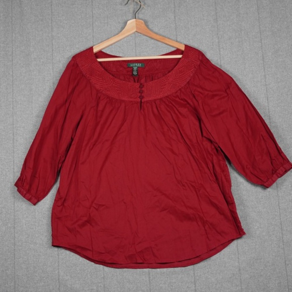 Lauren Ralph‎ Lauren XL Red Embroidered Thin Cotton Peasant Boho 3/4 Sleeve Top